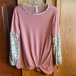 Tickled Teal Dusty Pink Waffle Knit Top with Snake-Print Sleeves